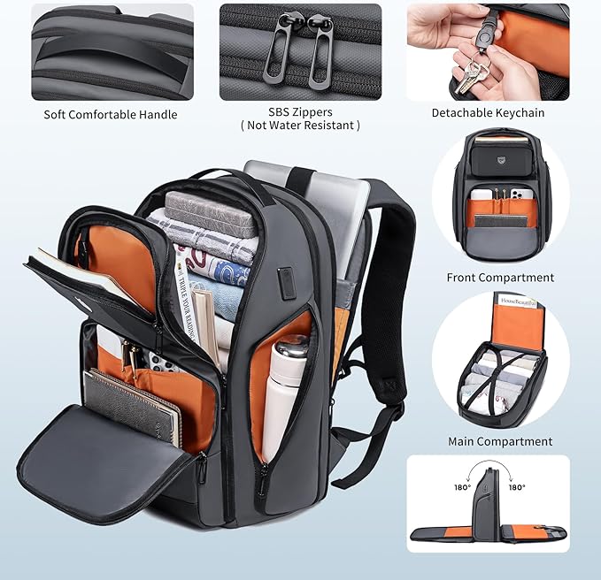 Grey Business Backpack for Men, Fits 17 Inch Laptop Water Resistant 45L Travel Bag with USB Charging Port, Expandable Men's Backpack for Work/College/Commuter