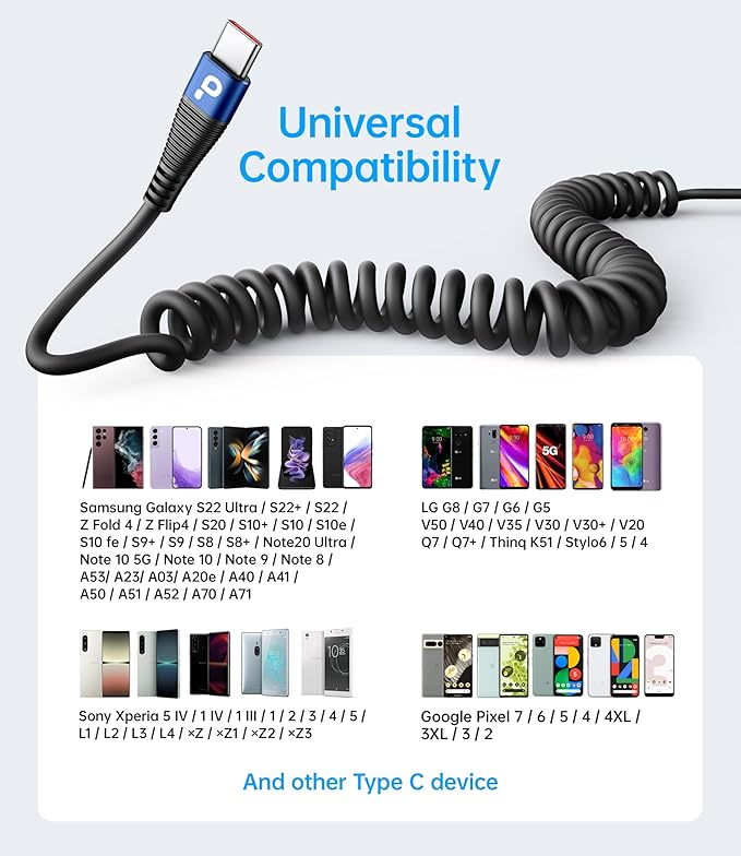 USB C Cable 100W 3FT Coiled USB C to USB C Charger Cable for Car, 2Pack Short Type C Cable Fast Charging Cable for iPhone 17/16/15/Plus/Pro Max/Samsung Galaxy S23, Compatible All Type C Devices,Blue