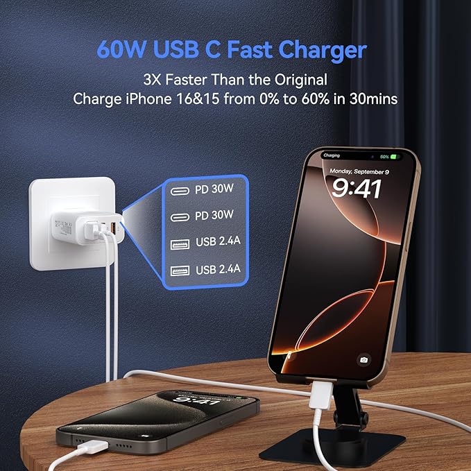 USB C Wall Fast Charger Block, 60W 4-Port Type C Charger Fast Charging Blocks +QC 3.0 USB C Multiport Charger Brick for Phone 16/15/14/13/12 Pro Max, Pad, Galaxy S24/23