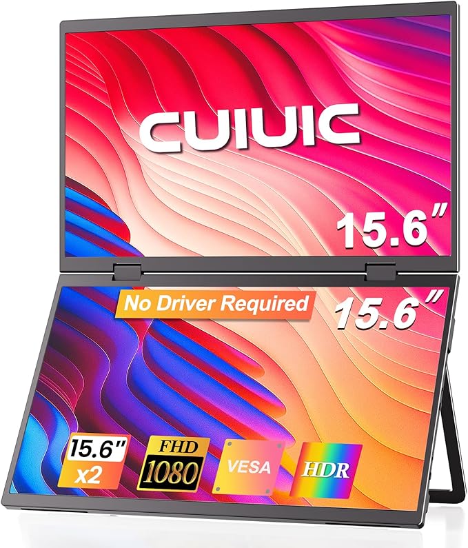 Dual Portable Monitor, 15.6" 1080P FHD IPS Folding Stacked Triple Laptop Screen Extender, USB-C Plug & Play Travel Extended Computer Display for Laptop PC Windows Mac w/Stand & VESA Mountable