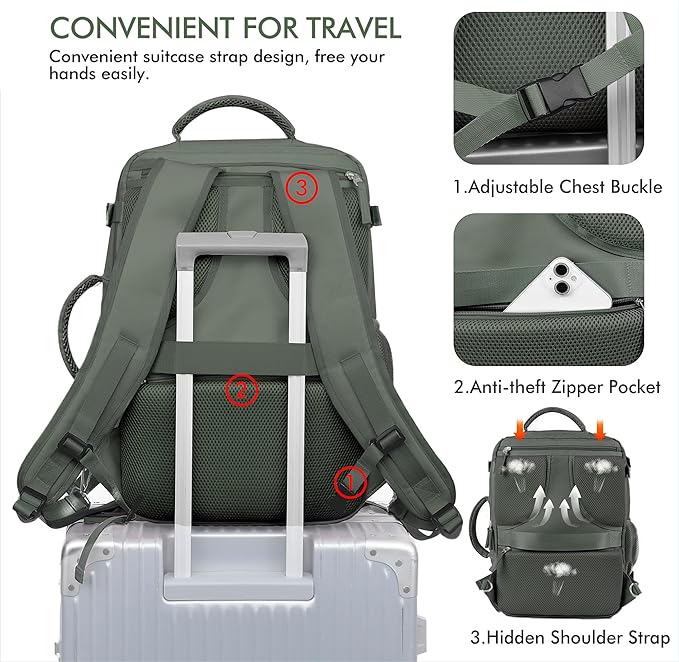 Beraliy Travel Backpack for Men Women, Airline Approved Personal Bag,17.3 Inch Laptop Backpack, Carry On Backpack for Hiking Overnight with USB Charging Hole, Olive-green