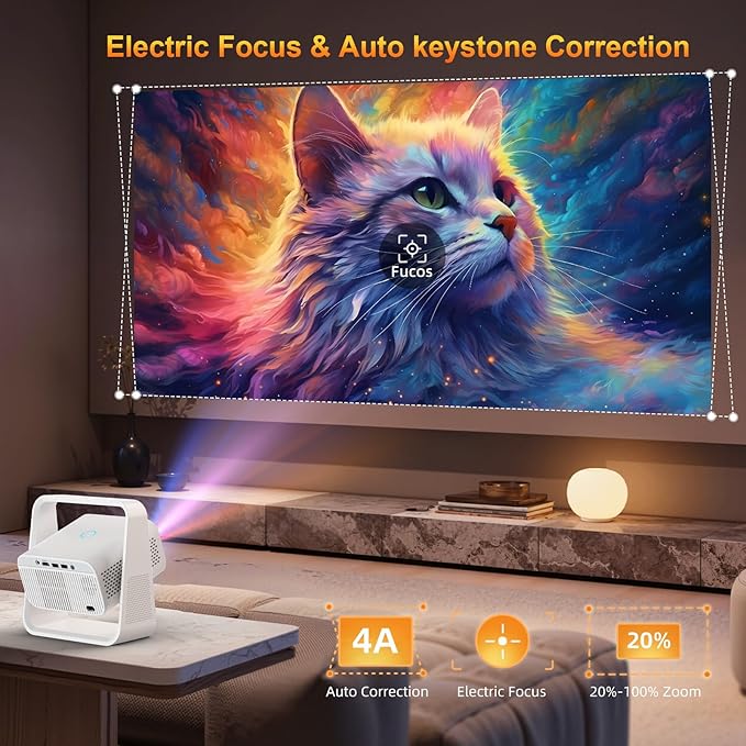 Smart Projector with WiFi and Bluetooth, Built-in Apps, Electric Focus & Auto Keystone Portable Outdoor Projecor, Native 1080P Projector 4K Support, Movie Projector for Home Theater (White)