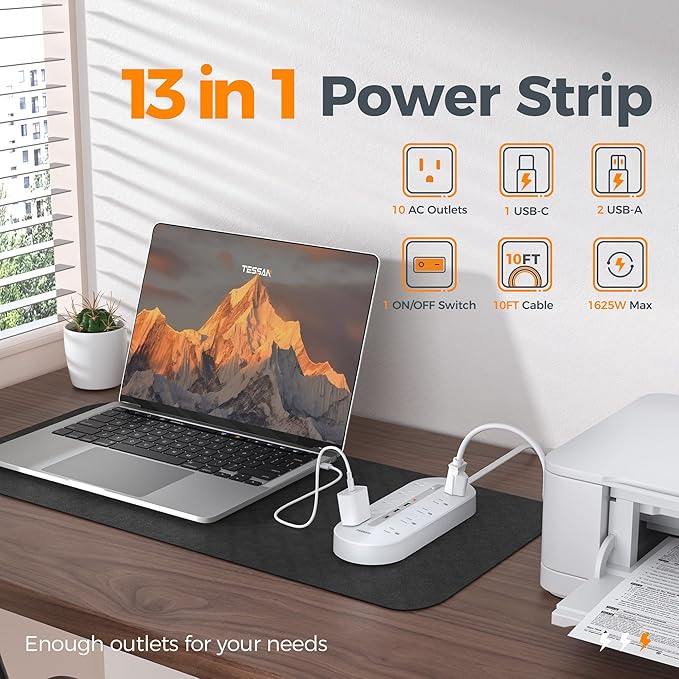 TESSAN Surge Protector Power Strip 10 Ft Extension Cord, 10 AC Outlet Extender with 3 USB (1 USB C), Flat Extension Cord with Multiple Outlets, Flat Plug Power Strip for Home, Office, Dorm Essentials