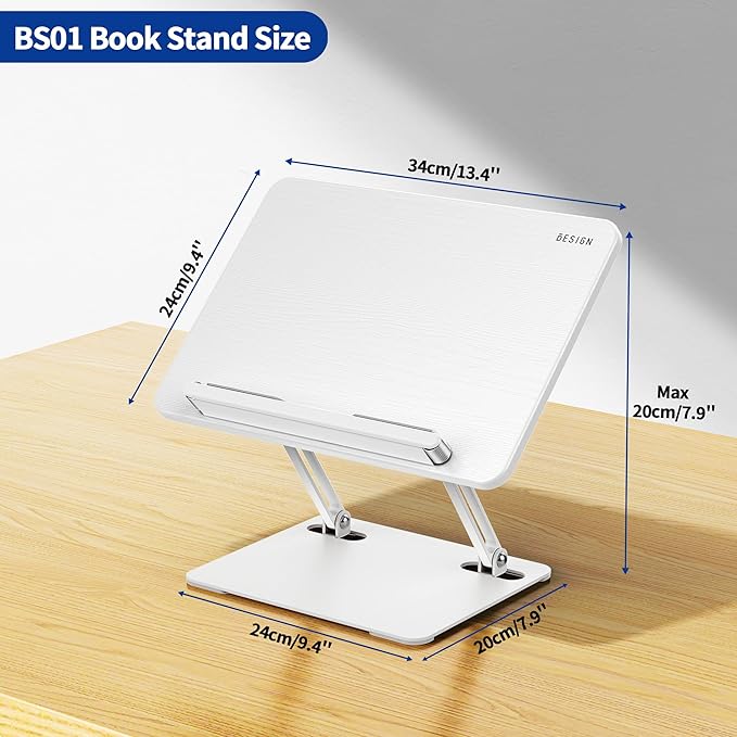 BESIGN BS01 Book Stand for Reading, Adjustable Book Holder, Ergonomic Laptop Stand with Elastic Page Clips for Music Scores, Recipe, Tablet, Laptop (White)