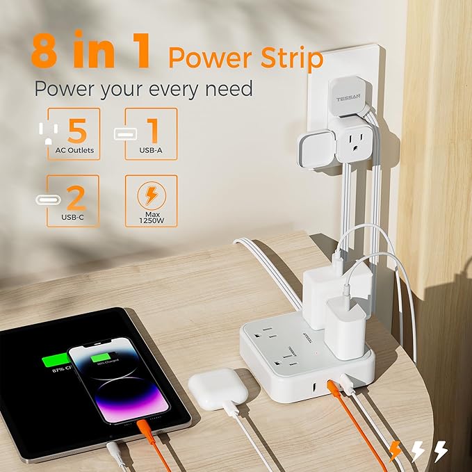 TESSAN Outlet Cover with Extra Outlet on Plug, Surge Protector Power Strip with 3 USB (2 USB C), 5 Ft Flat Extension Cord, 900 Joules Protection, Flat Plug Power Strip for Home Office Essentials