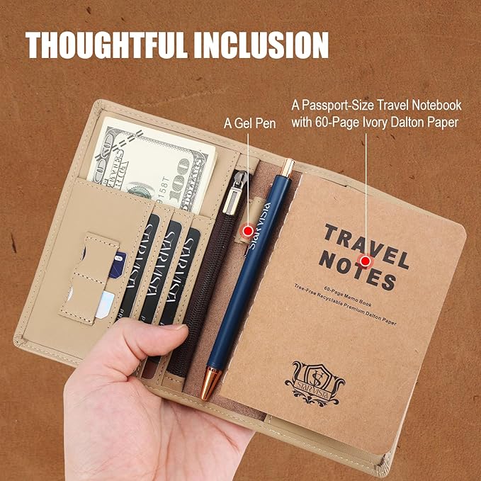 STAR VISTA Phoenix Leather Passport Holder, Calfskin Travel Wallet - RFID Blocking, ID Window, Zipper Pocket, Pen & Notebook Included, Ivory