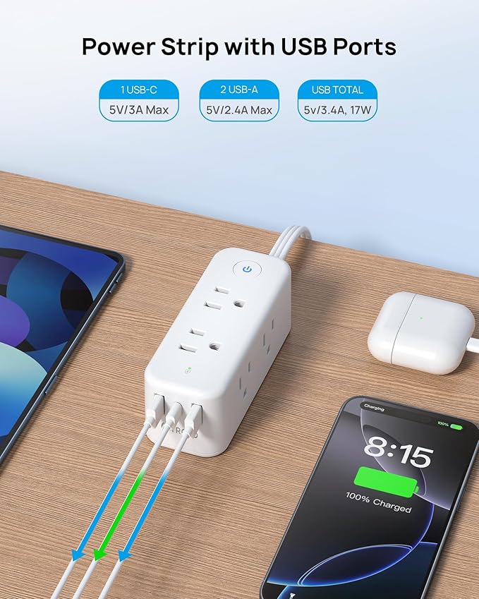 TROND 360° Rotating Flat Plug Power Strip, 10ft Extension Cord with 6 Widely Spaced Outlets, 2 USB A and 1 USB C, Wall Mountable, 1440J Surge Protector for Home Travel Office Dorm Essentials, White