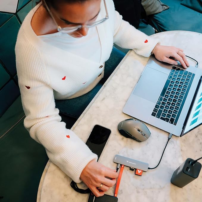 Verbatim USB-C Essentials Multiport Hub – 7 Ports: (2) USB-A 3.0/3.2 Gen 1, (2) USB-C 3.0/3.2 Gen 1, SD and Micro SD Card Slots with 4K HDMI and Up to 100W Power Delivery