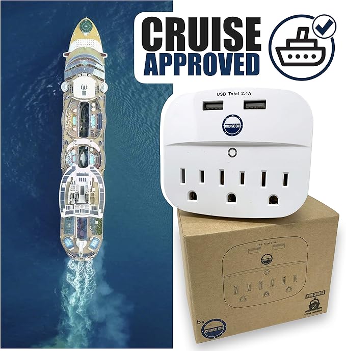 Cruise Approved Power Strip - Non Surge Protector for Cruise Ship with 2 USB Outlets - Cruise Ship Essentials 2025 for Carnival, Princess, Norwegian, Holland America, MSC & Major Cruise Lines (White)