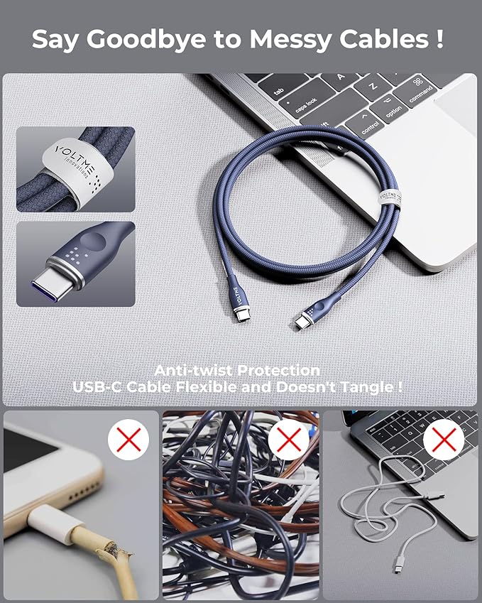 VOLTME USB C Cable (6ft 100W, 2-Pack), Premium Nylon USB C to USB C Cable 2.0, Type C Charging Cable Fast Charge for iPhone 17/16/15 Series,Galaxy S25/S24/S23,MacBook Pro 2020,and More(Blue)