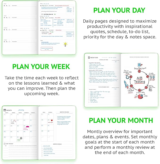 Undated Daily Planner – 1-Year B5 Productivity Organizer with Two-Page Weekly Spread, Goal Setting, Habit Tracker, Weekly & Monthly Pages – Hardcover Time Management Notebook (Lime Green)