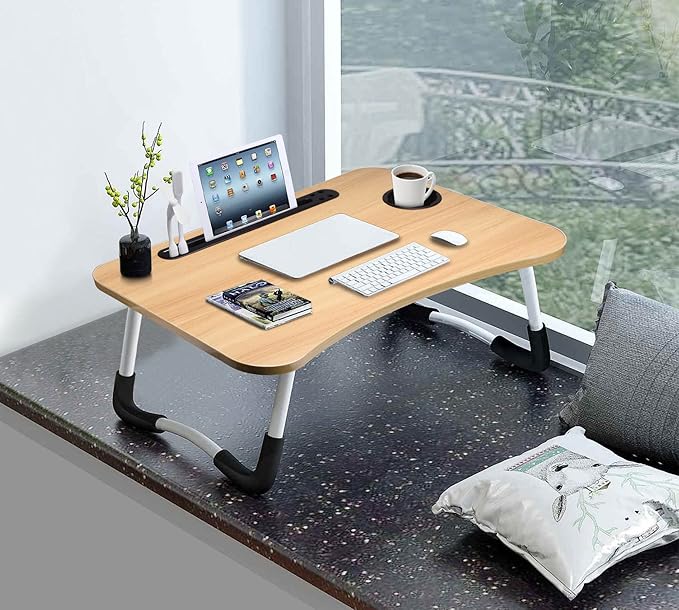 Slendor Lap Desk with Cup Holder, Foldable Laptop Table for Bed, Portable Bed Desk for Laptop and Writing, Computer Tray with Tablet Slot, Notebook Stand Reading Holder for Couch Sofa Floor,Walnut