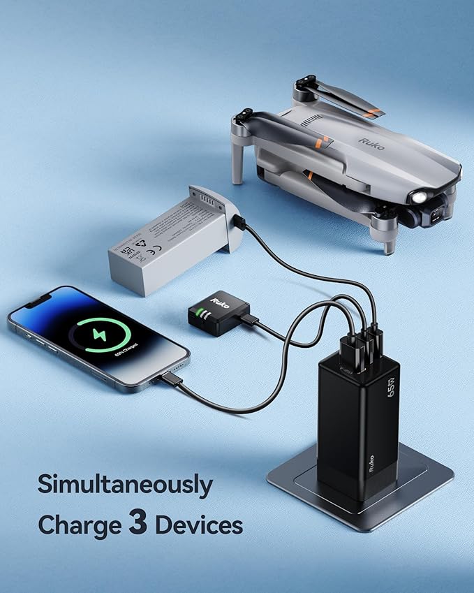 Ruko 65W USB C Charger, 3 Port International Travel Charger Kit, GaN Fast Charging Block with Portable Bag, UK EU Plug for iPhone 17/16, Galaxy S24, MacBook, iPad, Drones and More