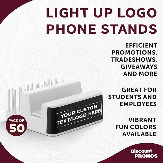 DISCOUNT PROMOS Custom Light Up Logo Phone Stands Set of 50, Personalized Bulk Pack - Essential Smartphone Accessory, Perfect for Office and Home - White