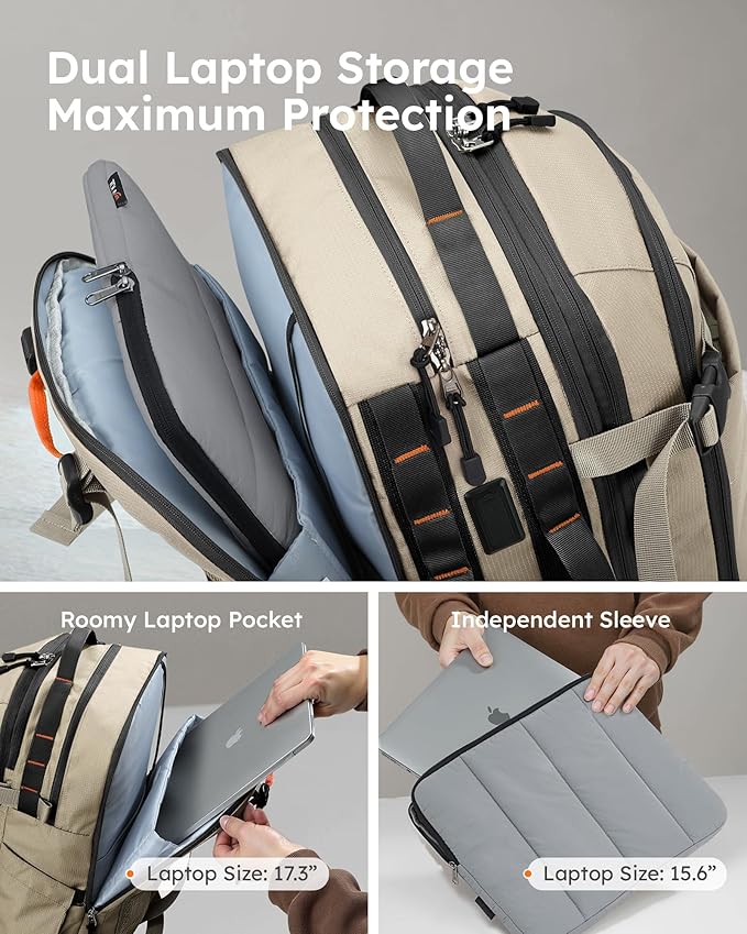 Tolaccea Carry on Travel Backpack, TSA Friendly Flight Approved Laptop Backpack Duffle Bag for Men Women with Dual Laptop Storage for 17.3", USB Charging Port, Business Rucksack 40L-50L Expandable