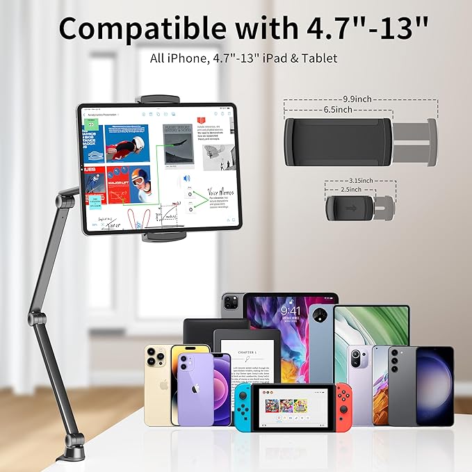 LULULOOK iPad Stand for Desk, Aluminum Alloy Arm Mount, Adjustable Holder Stand for iPad Pro 12.9/iPad mini Air, Samsung Galaxy, iPhone, Kindle, Portable Monitor Tablet 4.7"-13"(2 Clips)