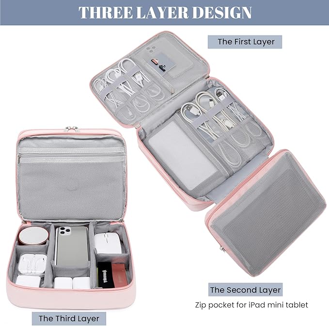 mygreen Electronic Bag Travel Cable Accessories Bag Waterproof Triple Layer Electronics Organizer Portable Storage Case for Cable, Cord, Charger, Phone, Adapter, Power Bank, Kindle, Hard Drives Gray