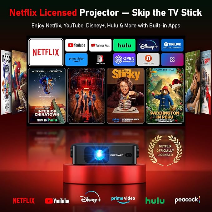 [Ultra-Slim 1.97"| Netflix Licensed | AI Auto Focus | 360° Stand] Smart Mini Projector with WiFi 6 & Bluetooth, Built-in Netflix/YouTube/Disney+/Hulu, DBPOWER N5 Movie Projector for Bedroom (Black)