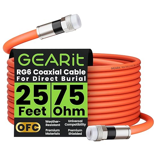 GEARit Coaxial Cable for Direct Burial (25ft) RG6 70 Ohm RF Rubber Boot Waterproof Underground in-Wall with Rubber Boot, High-Speed Internet, Broadband, Digital TV Aerial, Satellite Cable 25 Feet