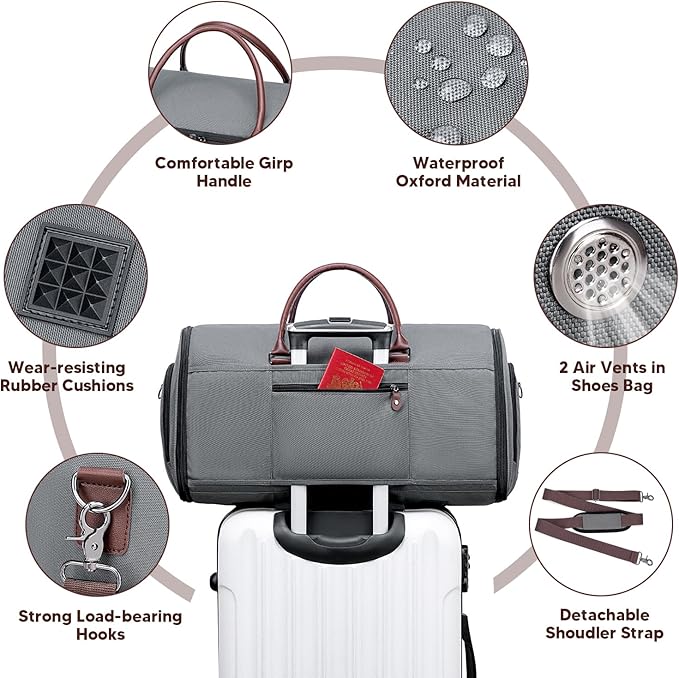 Carry on Garment Bag for Travel, Convertible Garment Duffle Bags for Men Women - 2 in 1 Hanging Suitcase Suit Travel Bags with Shoe Compartment
