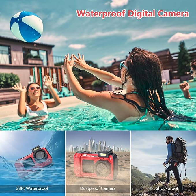 UHD 8K Underwater Camera, 70MP 33FT WiFi Waterproof Digital Camera with 64GB Card, Auto Focus Waterproof Dual-Screen Selfie 2500mAh Battery, 16X Floatable Digital for Snorkeling, Red