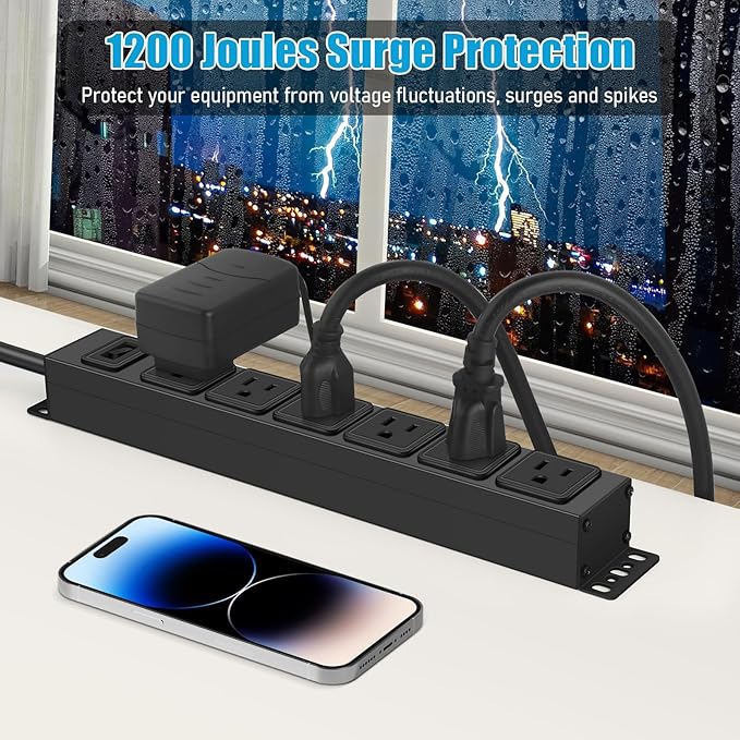 Magnetic Wall Mount Power Strip, Under Desk 6 Outlet Mountable Socket, Metal Long Heavy Duty Surge Protector for Garage, Gaming Table Or Workspace, 15FT Extension Cord.