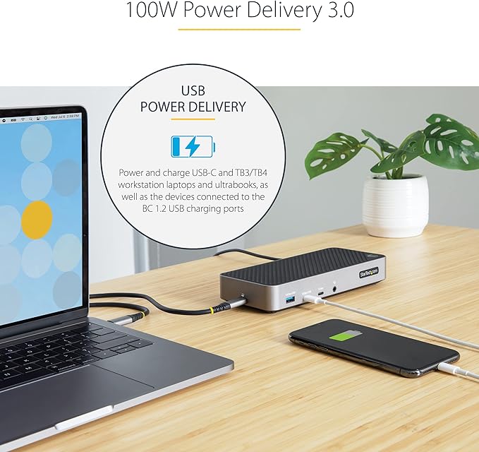 StarTech.com USB-C Triple Monitor Docking Station for MacBook Pro / Air M1 M2 M3 M4 & Windows, Universal 4K HDMI DP Dock, Thunderbolt Compatible, 100W Laptop Charging