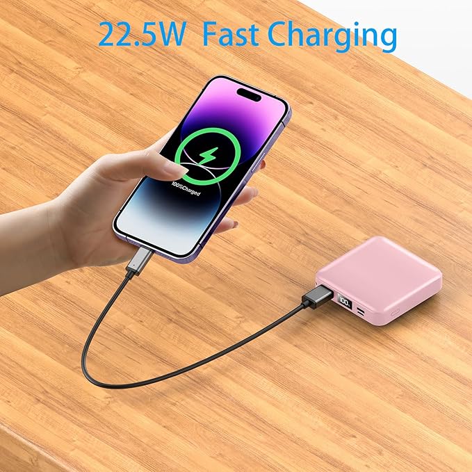Portable Charger with Built-in Cable,12000mAh 22.5W Fast Charging Small Power Bank,USB C Input/Output with Smart LED Display,External Battery Pack for iPhone,Tablet,Samsung
