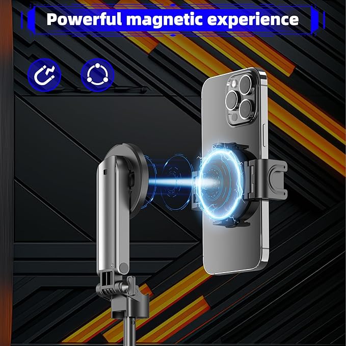 for Magsafe Tripod Stand for iPhone,Portable Pocket Size Selfie Stick with Rechargeable Remote and Metal Ring,Extendable Detachable Cell Phone Tripod Compatible with iPhone/Android