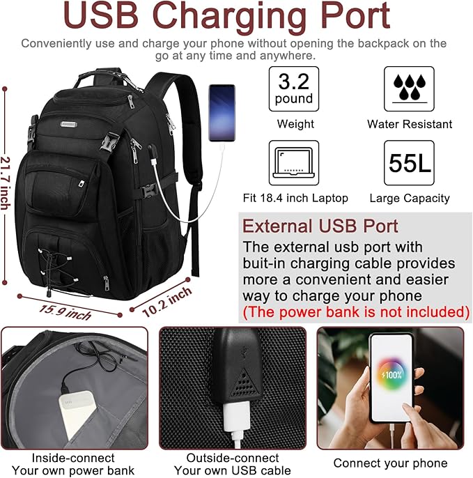 Extra Large Laptop Backpack for Travel, College & Work, TSA Friendly Commuter Gaming Bag with USB Charging Port, Heavy-Duty Anti-Theft Design Fits 18.4 Inch Laptop, Grey, 21.7x15.9x10.2”