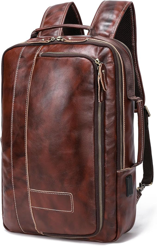 LANNSYNE Vegetable Tanned Leather Backpack for men, Expandable Leather Backpack Fits 15.6 Laptop, Tote Shoulder Travel Bag Rucksack