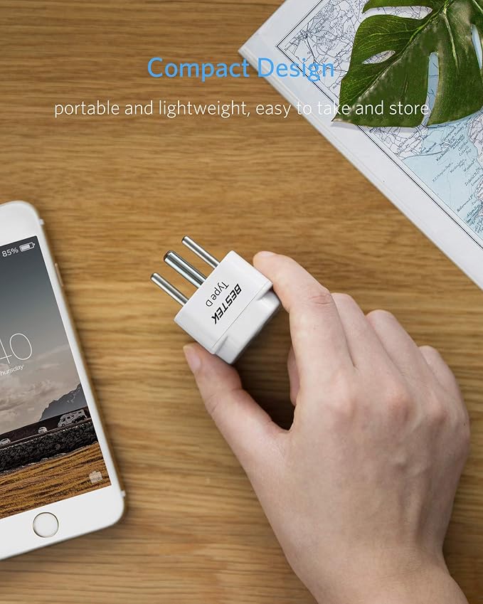 BESTEK India, South Africa Travel Plug Adapter, Grounded Universal Type D Plug Adapter India to US Adapter - Ultra Compact for India, Sudan, Pakistan and More, 3 Pack