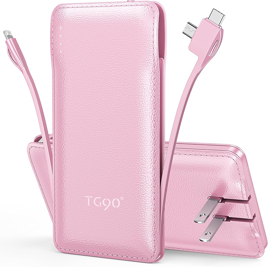 TG90° 10000mAh External Battery Pack with Built-in AC Wall Plug, Compact Cell Phone Portable Charger with Cables Power Bank Compatible with iPhone and Android Devices
