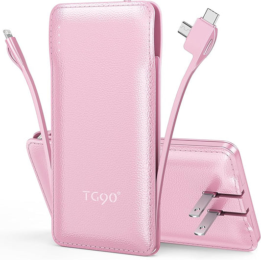 TG90° 10000mAh External Battery Pack with Built-in AC Wall Plug, Compact Cell Phone Portable Charger with Cables Power Bank Compatible with iPhone and Android Devices