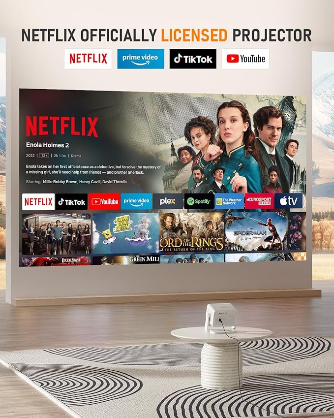 Netflix Projector, VISSPL Full HD 1080P Video Projector, Portable Outdoor Projector with Stand, Kids Gift, Home Theater Movie Phone Projector Compatible with Android/iOS/Windows/TV Stick/HDMI/USB