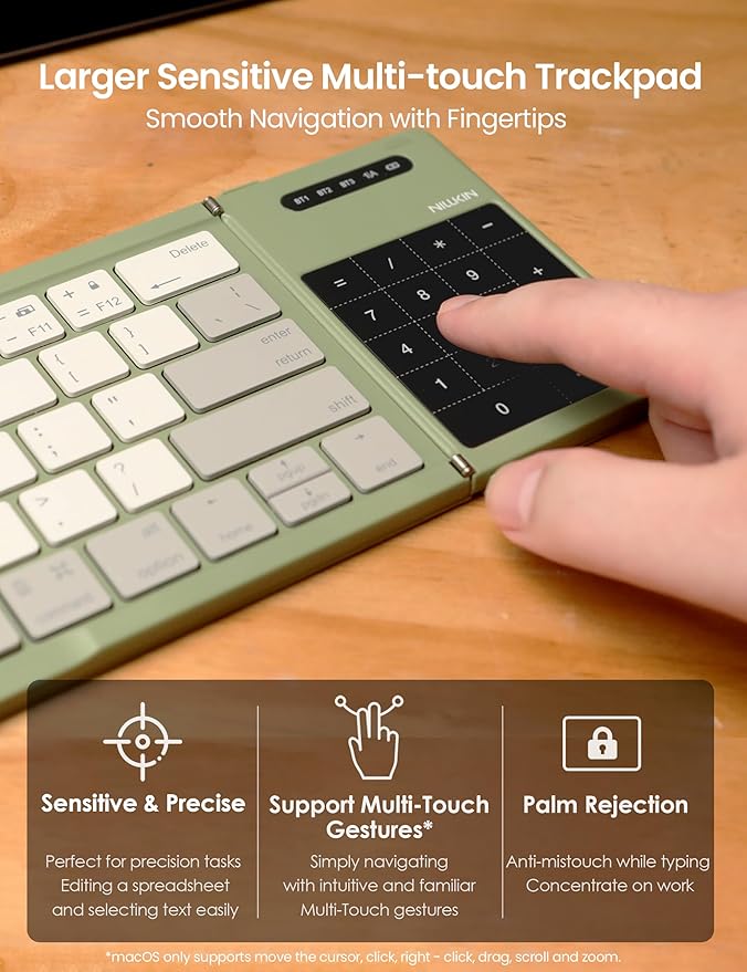 Nillkin Foldable Travel Keyboard with Touchpad & Number Pad, Bluetooth Wireless Portable Folding Full Size Keyboard with Trackpad for PC Laptop iPad Tablets Smartphone, Silicone Leather Cover, Green