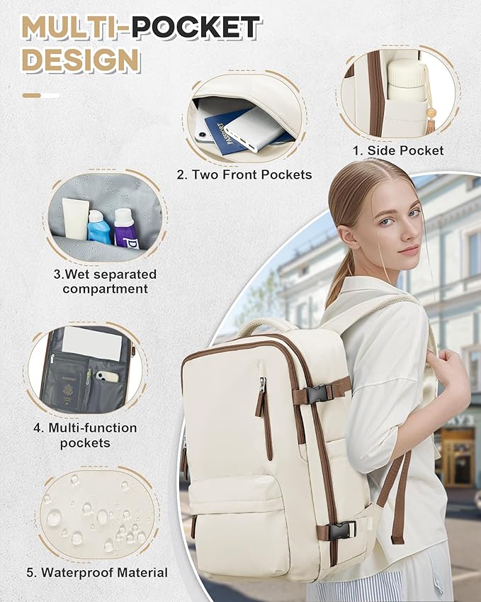 VECAVE Carry On Backpack for Women,Large Travel Backpack Flight Approved,Waterproof 14 Inch Laptop Backpack Business Work Backpacks Men Mochila De Viaje WhiteBrown