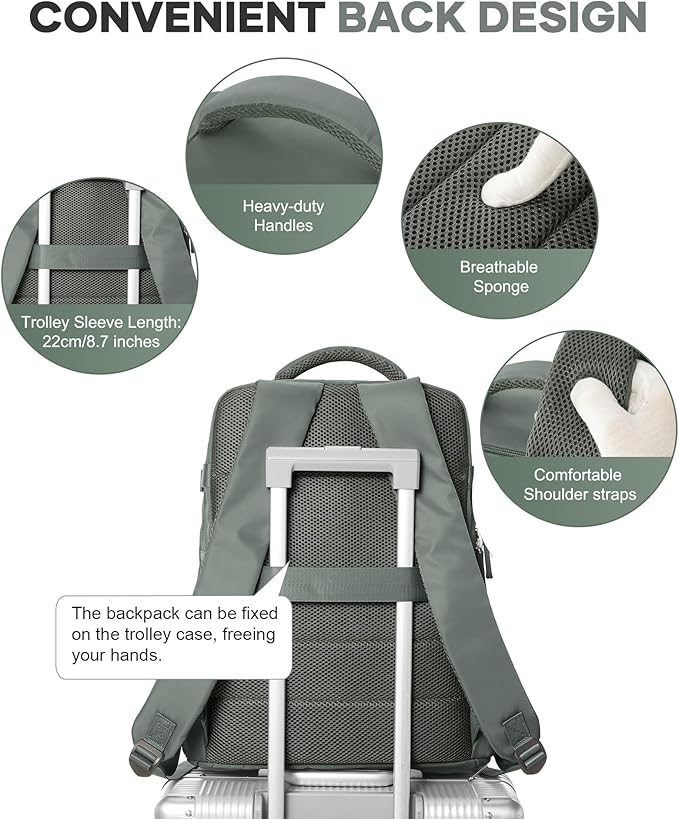 VECAVE Travel Backpack,Carry On Backpack for Women,Airline Flight Approved Waterproof 14 Inch Laptop Backpack with Shoe Compartment Casual Daypack Backpacks DarkGreen.