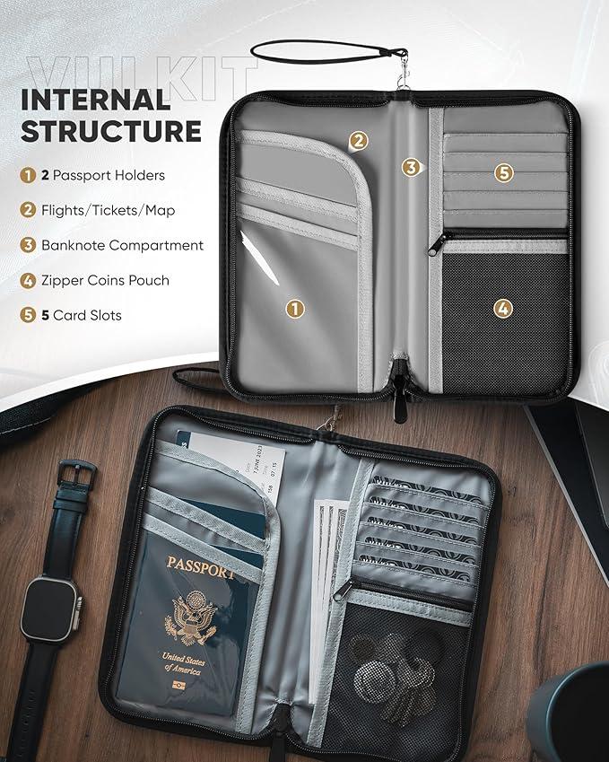 VULKIT Passport Wallet Passport Family Holder RFID Blocking Travel Card Organizer with Wrist Strap for Men or Women(Black)