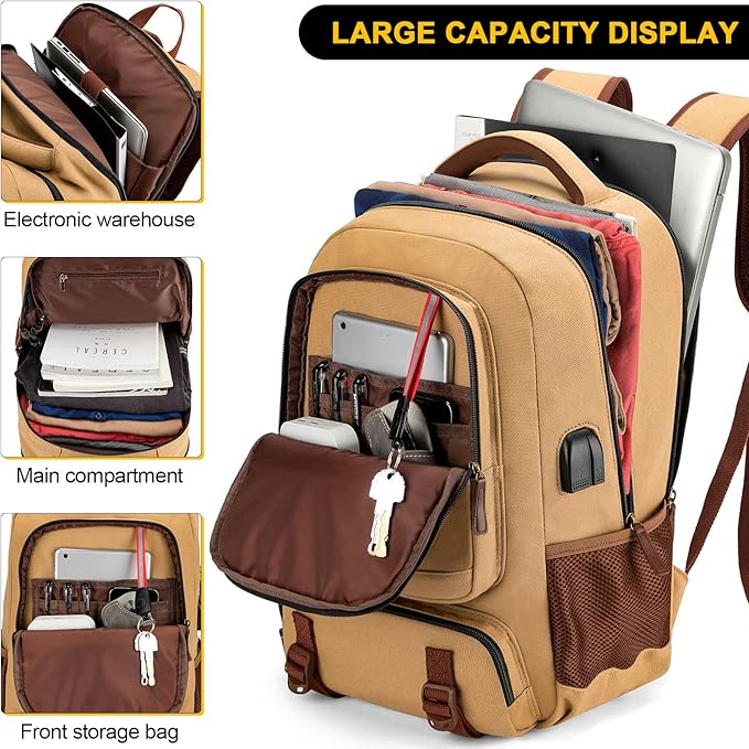 Tzowla Canvas Laptop Backpack, Bag for Men Women,Travel Work Rucksack Fits 15.6 Inch Laptop, Bookbag with USB Charging Port