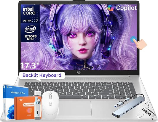HP 2025 17.3" Touchscreen Business Laptop, Intel Ultra7 255 12-Core Processor, Copilot AI, 16 GB DDR5 RAM, 1 TB SSD, HD+ Anti-Glare Screen, Backlit KB, Secure Camera, Win 11 Pro, w/Accessories