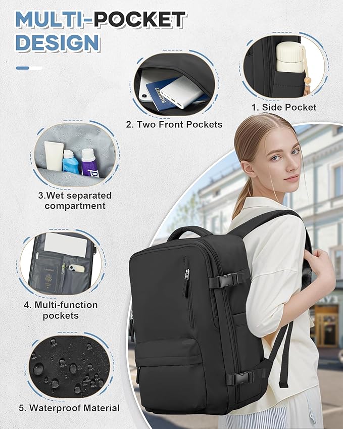 VECAVE Carry On Backpack for Women,Large Travel Backpack Flight Approved,Waterproof 15.6 Inch Laptop Backpack Business Work Backpacks Men Mochila De Viaje Black