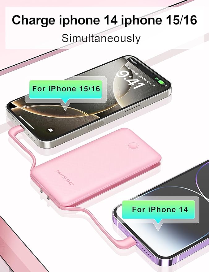 Ultra Slim 10000mAh Power Bank Built-in Cables and Foldable AC Wall Plug, Pocket Size USB C Portable Charger, External Battery Pack Compatible with iPhone Samsung iPad etc, Pink