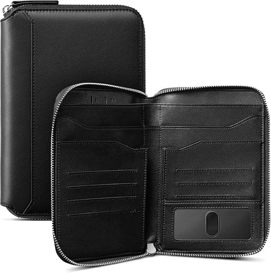 VULKIT Leather Passport Holder for 4-8 Passports Family Passport Wallet with Zipper Travel Documents Organizer for Men or Women(Black)