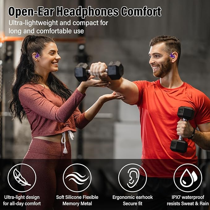 Open Ear Headphones, Bluetooth 5.4 Earphones 36H Playtime Air Conduction Headphones with Mic, Adjustable Earhook Earbuds with ENC Clear Calls/LED Display, IPX7 Open Ear Earbuds, Dark Purple