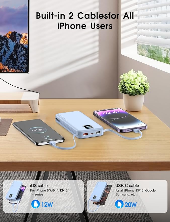 Portable Charger, 12000mAh 22.5W Fast Charging Power Bank with Built-in Cables & Wall Plug, Travel Essential Battery Pack with LED Display, USB C Battery Phone Charger for iPhone, iPad, Samsung Blue