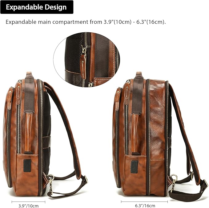 LANNSYNE Vegetable Tanned Leather Backpack for men, Expandable Leather Backpack Fits 15.6 Laptop, Tote Shoulder Travel Bag Rucksack