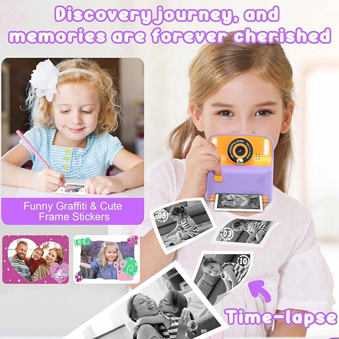 Kids Instant Print Camera, Portable Travel Toys Camera for Toddler, Print Black & White Photos Instantly, Ideal Birthday for Boys & Girls Ages 3–12 with Selfie Mirror (Purple)
