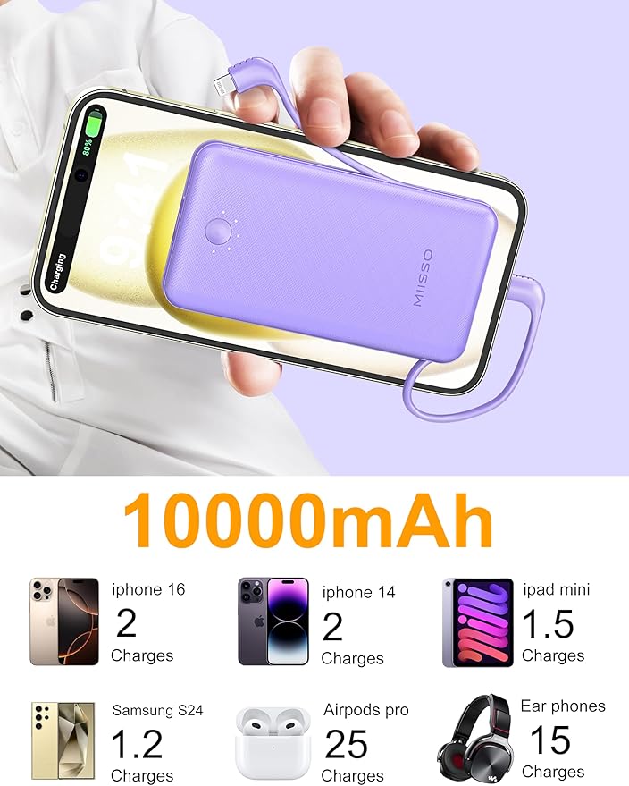 miisso Ultra Slim 10000mAh Power Bank Built-in Cables and Foldable AC Wall Plug, Pocket Size USB C Portable Charger, External Battery Pack Compatible with iPhone Samsung iPad etc, Purple