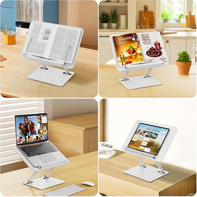BESIGN BS01 Book Stand for Reading, Adjustable Book Holder, Ergonomic Laptop Stand with Elastic Page Clips for Music Scores, Recipe, Tablet, Laptop (White)